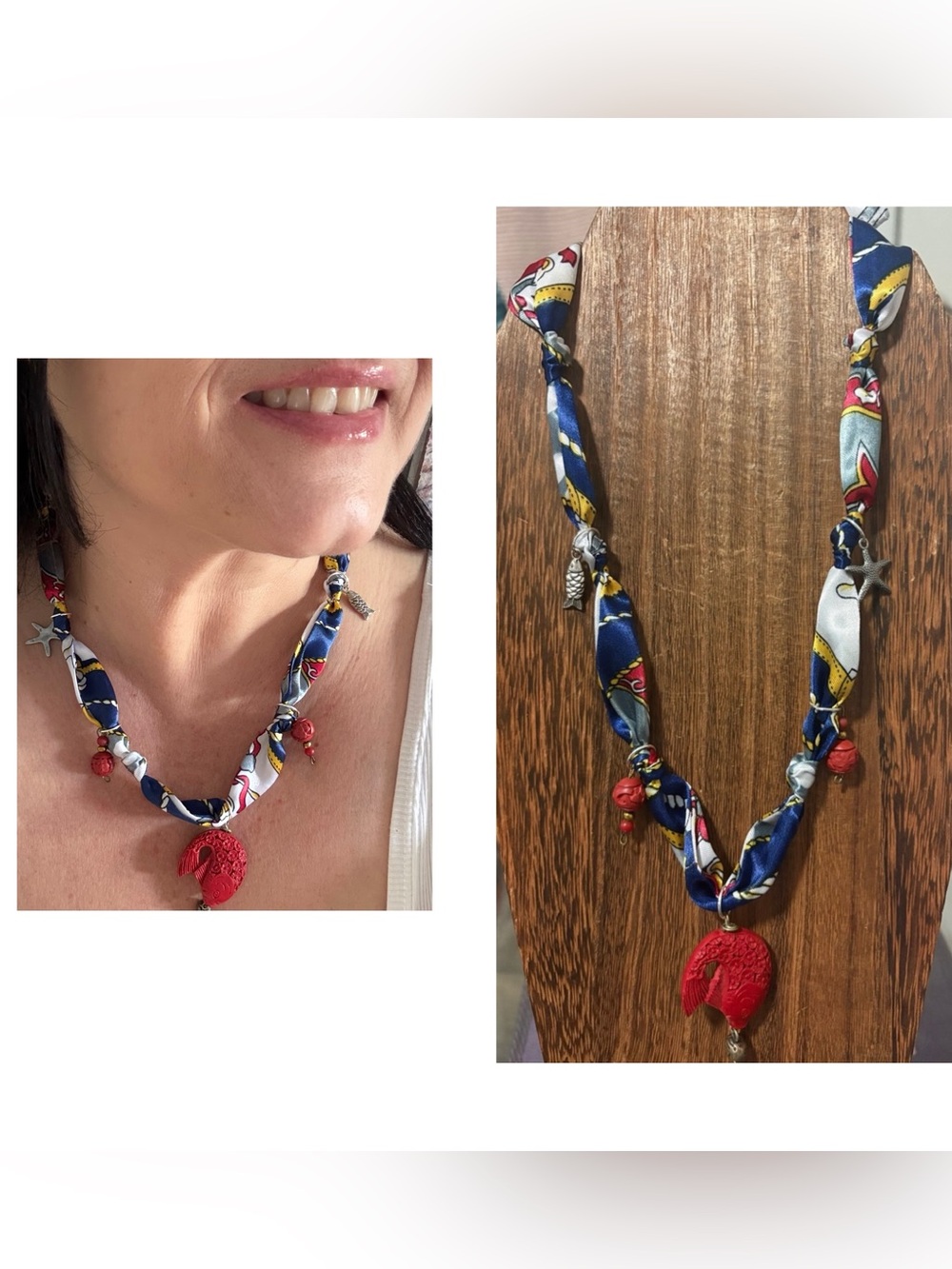 Lucky Coii-Handmade Silky tie ocean themed charm Necklace with red carved fish